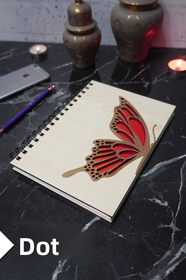 Butterfly Themed Wooden Cover Notebook - Dotted Notebook - Agenda - School Notebook (A5 - 120 Pages)