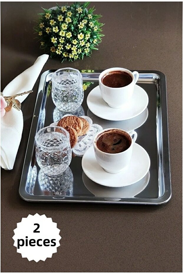 Set of 2 Stainless Steel Serving and Presentation Tea Coffee Dessert Tray 33x23cm