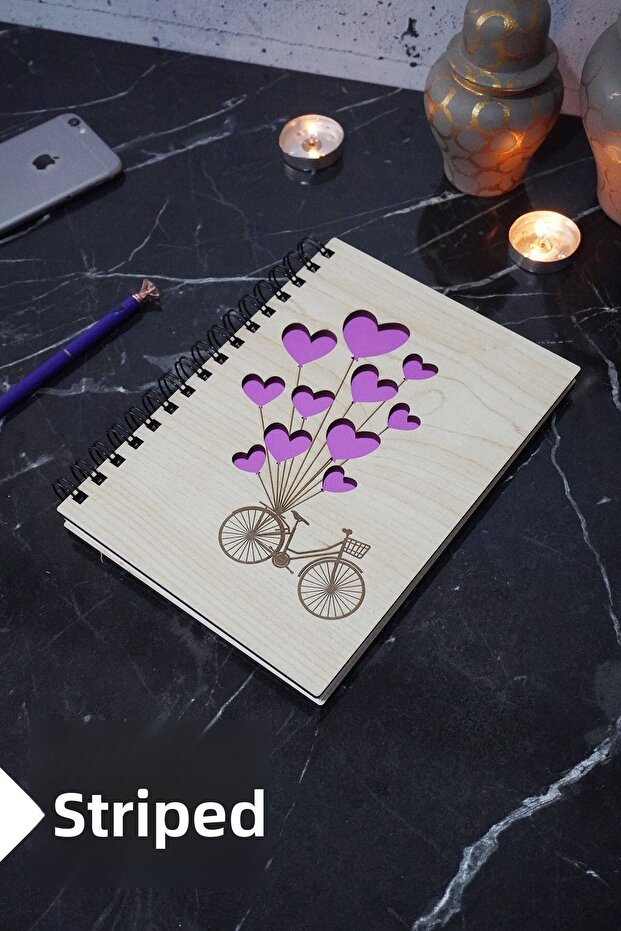 Bicycle Balloon Themed Wooden Cover Notebook - Lined Notebook - Agenda - School Notebook (A5 - 120 Pages)