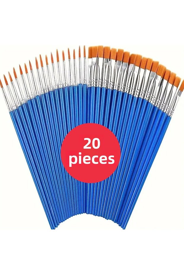 Set of 20 Synthetic Bristle Painting Brushes - 10 Pointed Tip + 10 Flat Tip Professional Artist Brushes