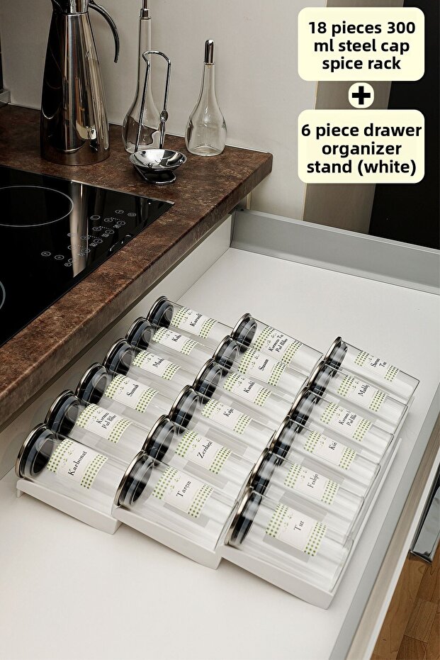 300ml Borosilicate (Cam) Jars - 18 Pcs Steel Lids with 6 Pcs Stop Plexiglass Stands (White)