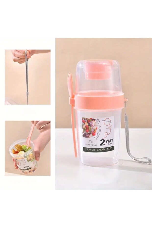 2-Layer Bpa Free Salad and Container - with Sauce Bowl, Carrying String and Spoon/Fork Set - 3
