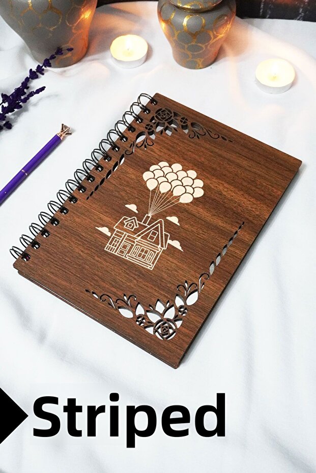 Flying House Wooden Cover Notebook - Lined Notebook - 60 Sheets (120 Pages) - A5 15X21 cm