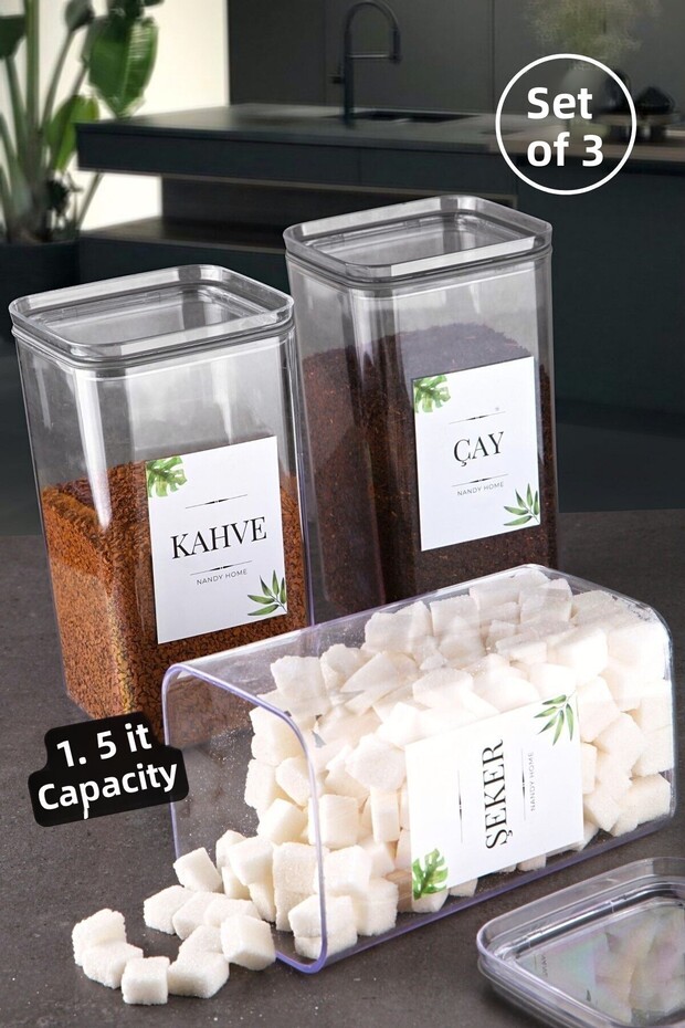 Decorative Square 1.5 Lt Vacuum Lid Set of 3 Tea, Sugar and Coffee Storage Box