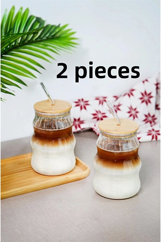 2 Pieces 450 ml Auger Bamboo Lid Glass Pinterest Cup with Straw - Borosilicate Presentation Cup 401304 - 1