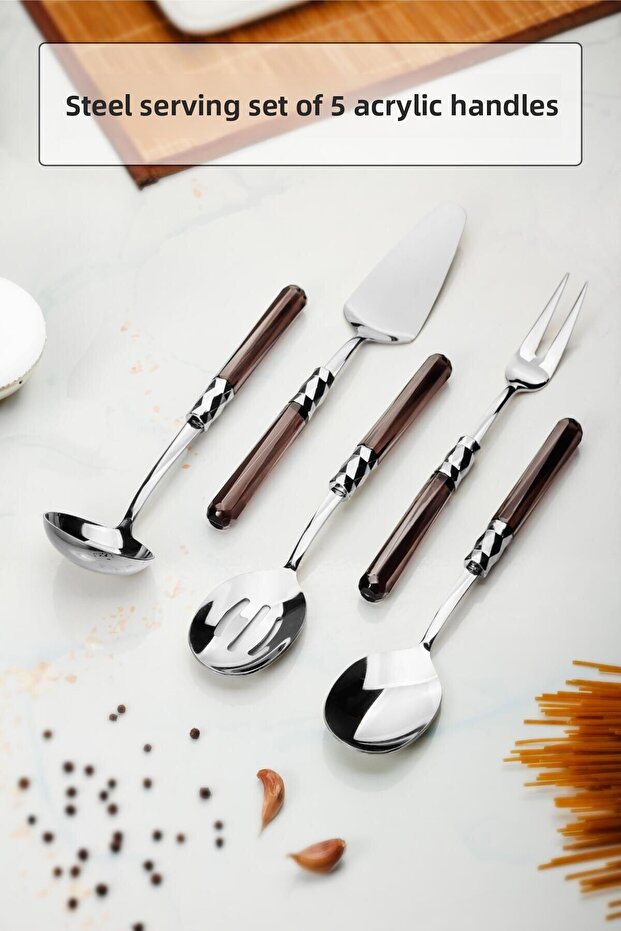 5 Piece Platinum Serving Set & Serving Presentation Set Smoked (Ladle / Colander / Spatula / Fork / Spoon)