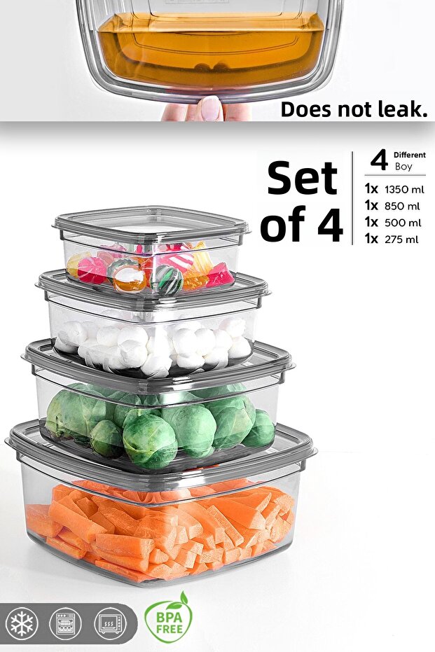 Set of 4 Square Leak Proof Storage Containers - Organizer Food Container 1X(275-500-850-1350)Ml Anthracite