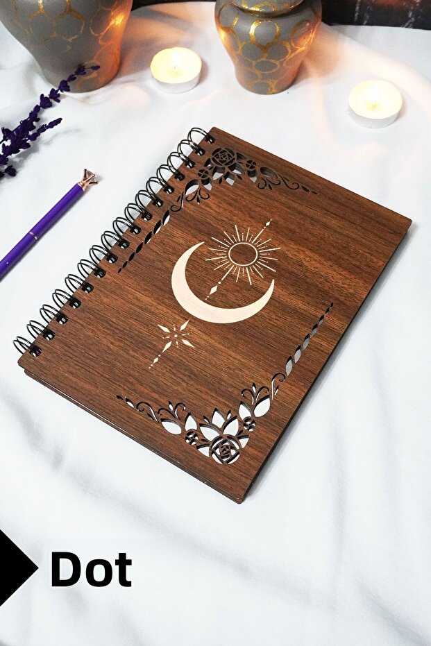 Moon Sun Wooden Cover Notebook - Dotted Notebook - 60 Sheets (120 Pages) - A5 15X21 cm