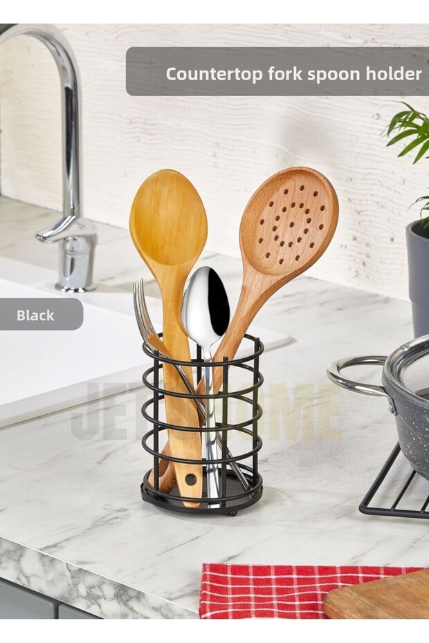 Round Cutlery Holder Stainless Countertop Serving Stand Organizer Steel Black