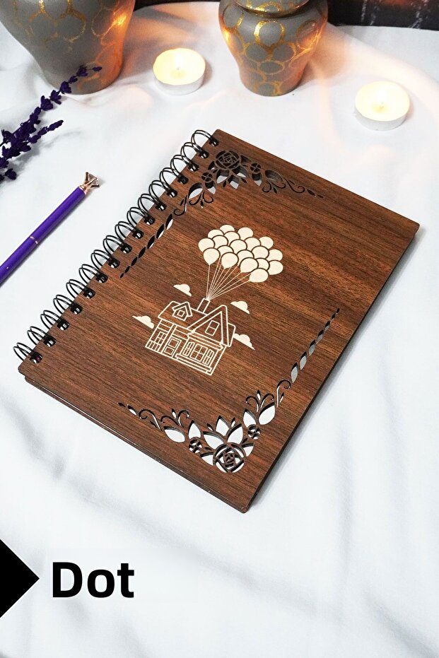 Flying House Wooden Cover Notebook - Dotted Notebook - 60 Sheets (120 Pages) - A5 15X21 cm