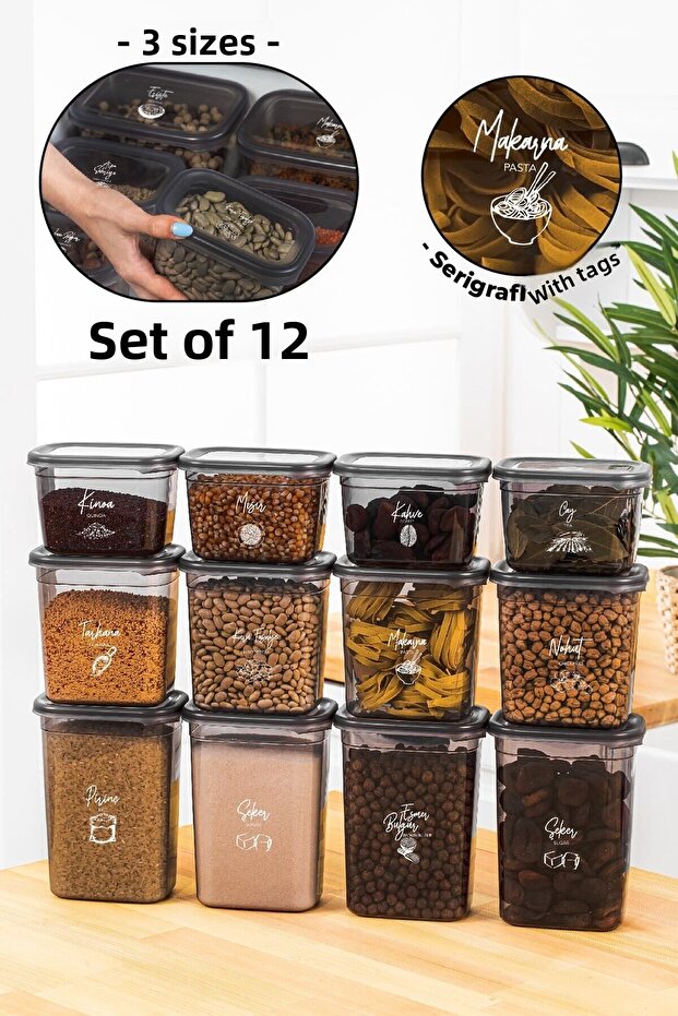 مجموعة حاوية تخزين مستطيلة بيجي مكونة من 12 قطعة مع ملصق طباعة الشاشة البيضاء 4x (1500-1150-800 مل) أنثراسايت - 1