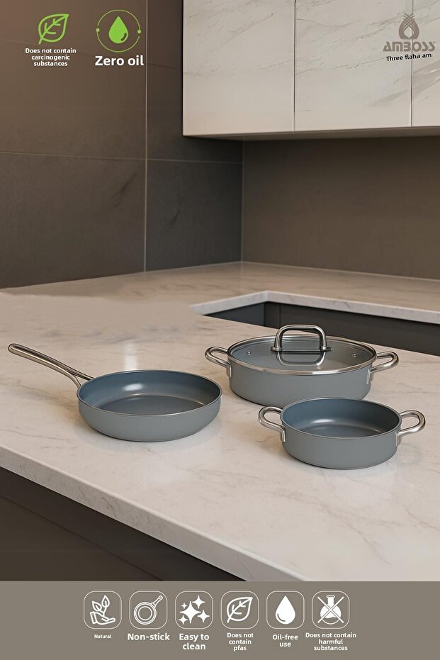 4 Piece Greenhouse Spectrum Fireproof Non-Stick Ceramic Oblate Pot Pan Sahan Set Gray
