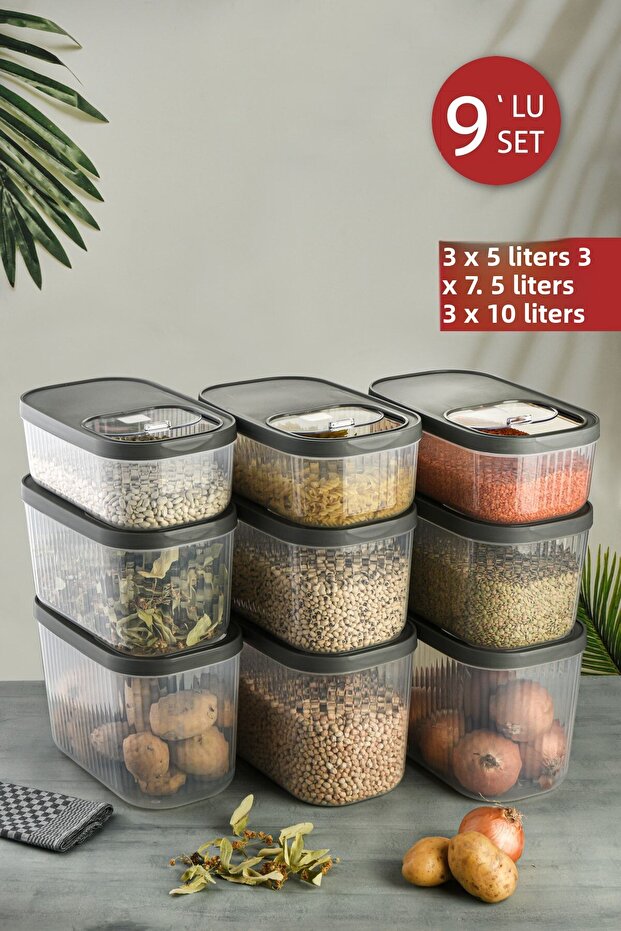 Set of 9 Multibox Maxi Storage Container with Slide Lid 3x(5 Liters, 7.5 Liters, 10 Liters) Anthracite