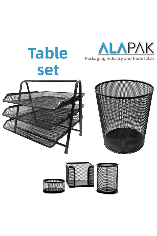 Metal Office Set Black (3-Piece Document Rack, Pen Holder, Paper Holder, Paper Clip, Dustbin)
