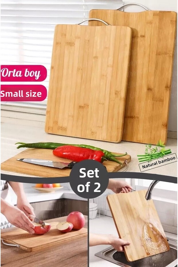 2-Piece Bamboo Cutting Board Luxury Meat and Vegetable Chopping Board Two Sizes with Steel Handle
