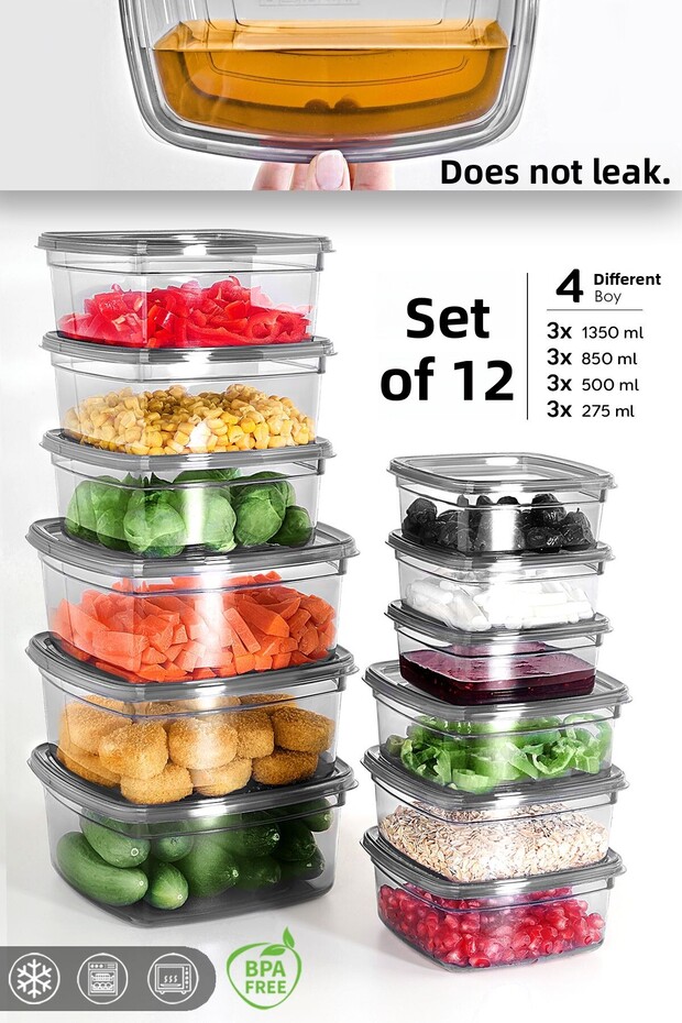 Set of 12 Square Leak-Proof Storage Containers - Organizer Food Container 3X(275-500-850-1350)Ml Anthracite