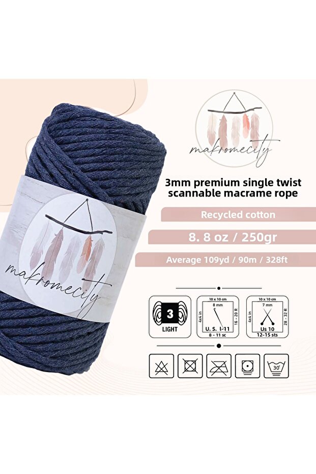 Scalloped Macrame Thread 3mm Scalloped Cotton Macrame Thread Macrame Thread Indigo Blue - 3