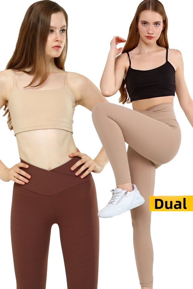 2-Piece Leggings Ribbed High Waist Recovery Sports Leggings with Cross Waist Detail Beige+brown