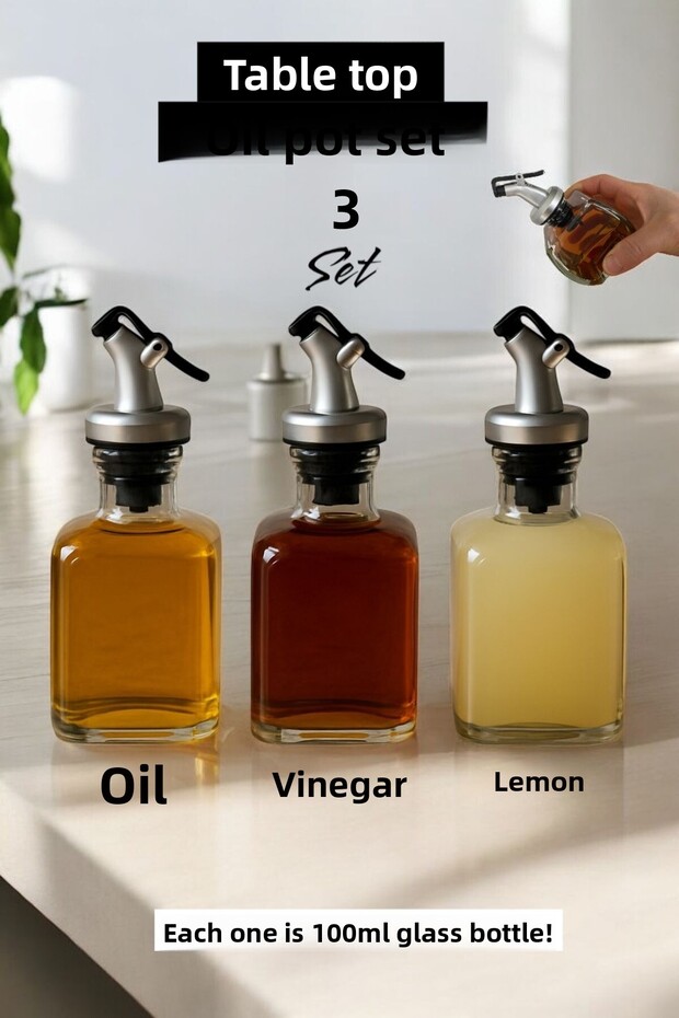 3-piece Glass Oil Pot 125 ml Vinegar, Lemon, Oil Bottle - Oil Pot, Vinegar, Lemon Holder