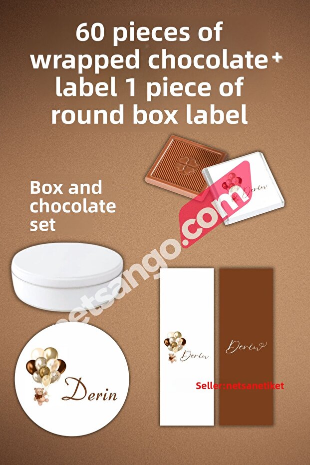 60 Pieces of Wrapped Embroidered Chocolate Labels and Round Box Labels - Teddy Bear Brown