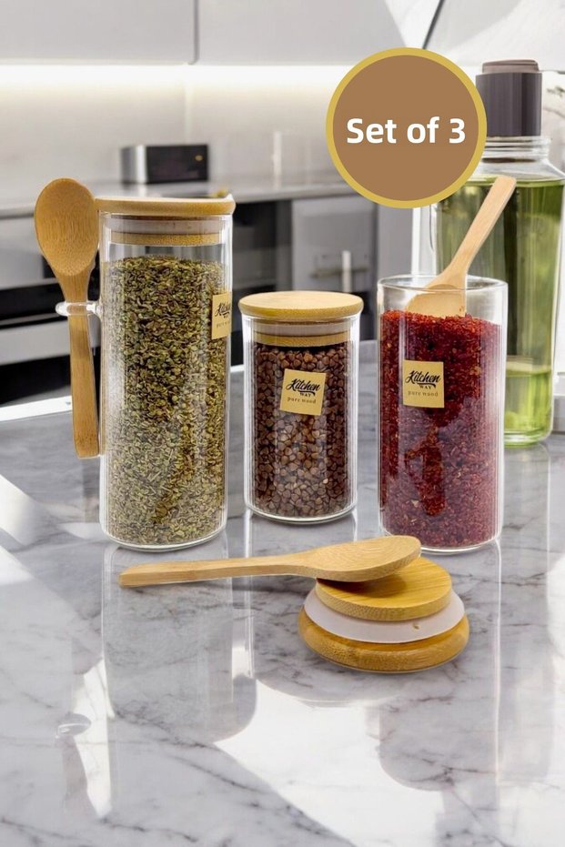 Set of 3 Glass Jars with Bamboo Gasket Lids Borosilicate Spice Food Storage Set Kw-372 Series