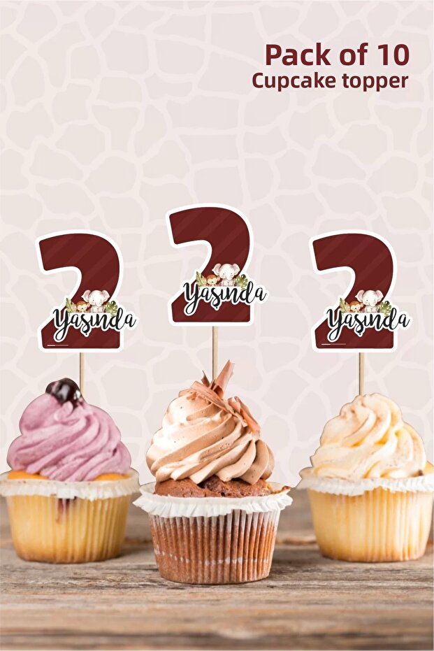 Safari Animals Pastel 2 Years Old Cupcake Ornament *10 Pack Thick Paper