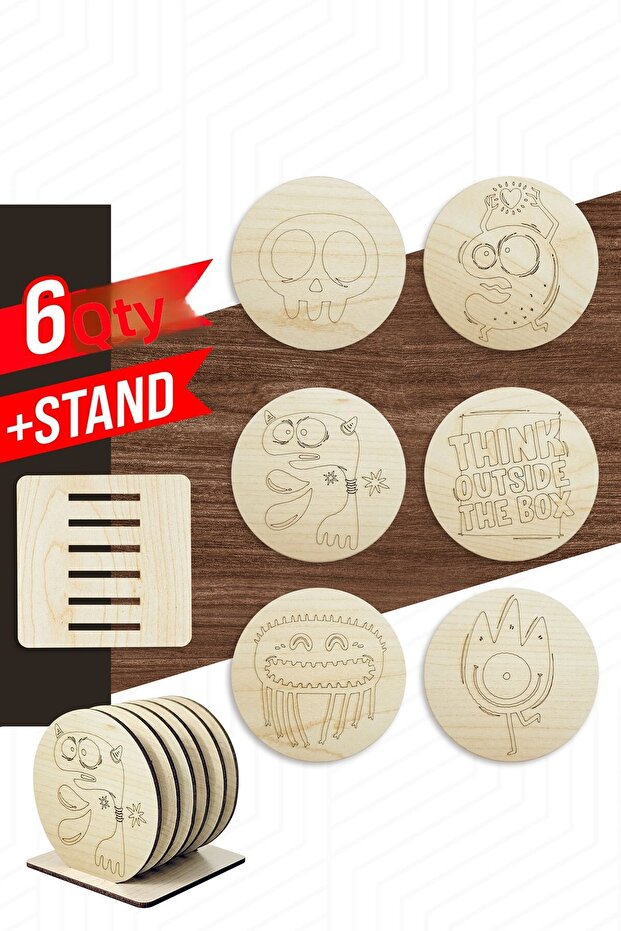 6 Pieces Wooden Coasters with Monsters Special Design Stand