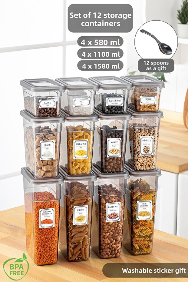 12-Piece Spice Jar Storage Container Set with Label - Leak-Proof Lid, with Spoon - 4x(580 ml, 1100 ml, 1580 ml) - 1