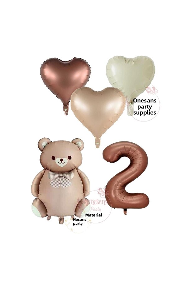 Renaissance Brown Color Number Foil Balloon Set with Teddy Bear and Heart Age 2