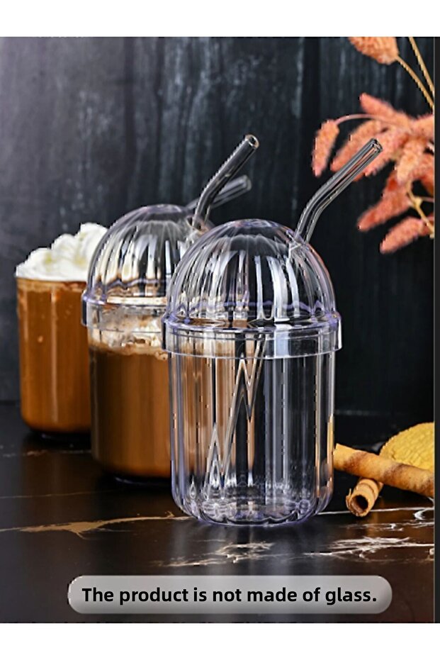 4 Pcs Crystal Cup with Glass Straw 400ml Cold Coffee Cup Lemonade Cup Soft Drink Cup