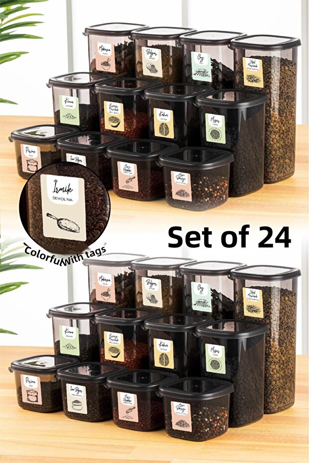 24-Piece Peggy Square Food Storage Container with Colorful Label 8x (0.55 Liters, 1.2 Liters, 1.75 Liters) Anthracite
