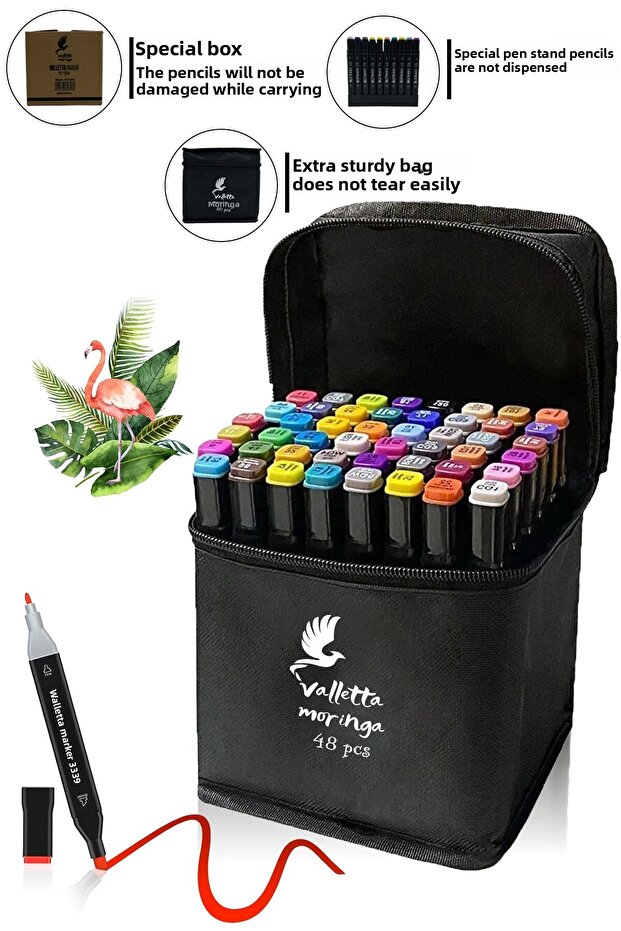 Moringa 48-Piece Double Sided Art Marker Felt Tip Pen Set with Bag