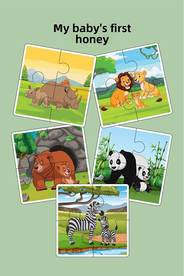5 Pieces Wooden 4 Piece Puzzle Baby's First Set (Lion_Bear_Panda_Zebra_Gergeden)