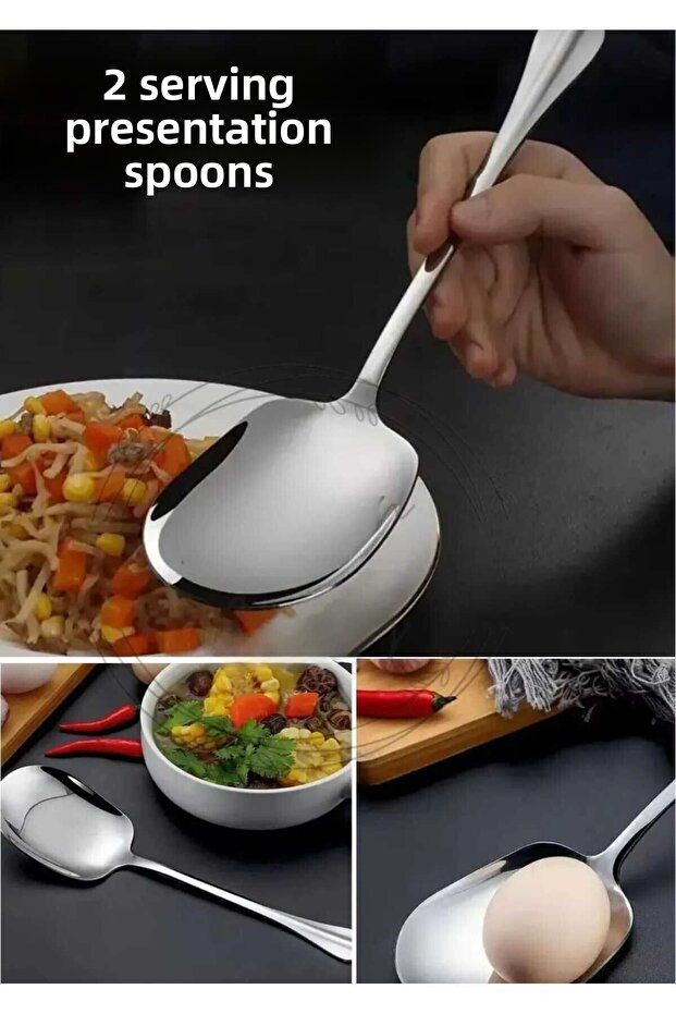 2 Pcs Practical 21 cm Stainless Steel Luxury Serving Salad Spoon Spatula | Steel Food Serving Spoon