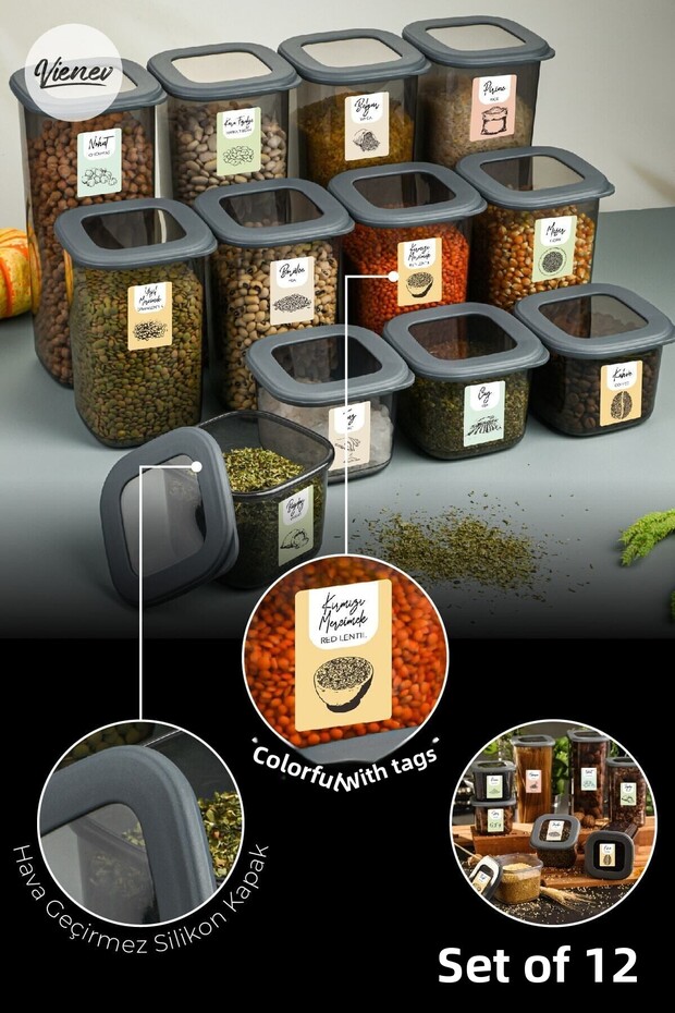 12 Pieces Foy Square Food Storage Container with Colorful Label 4x (0.55 Liters, 1.2 Liters, 1.75 Liters) Anthracite