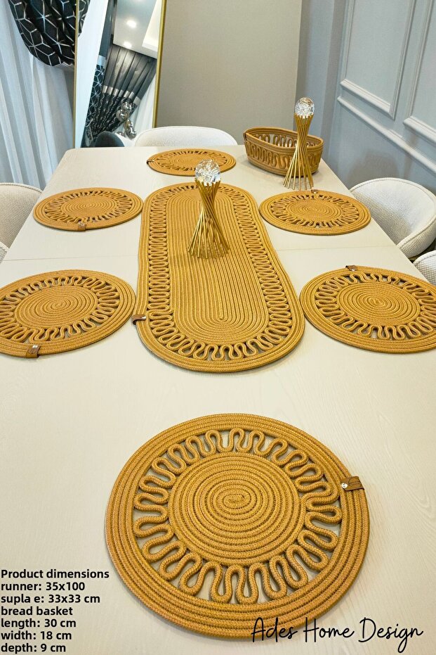 Jute, American Service Set, 6 Plates, 1 Bread Basket, 1 Runner, Plate Base, Plate Set, Lux Presentation