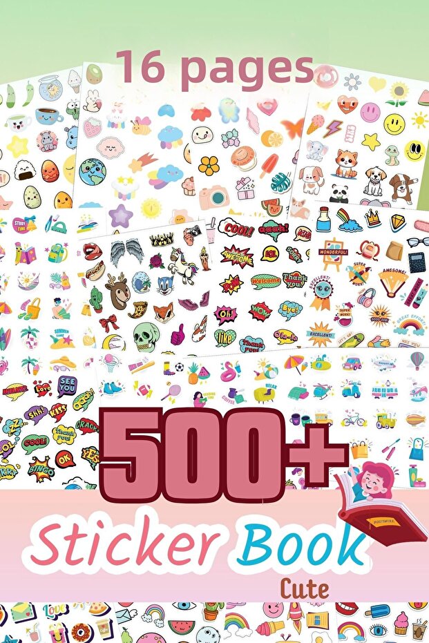 Sticker Set, 500 Pieces, 16 Pages Sticker Book, Agenda, Bullet Journal, Diary, Laptop, Phone