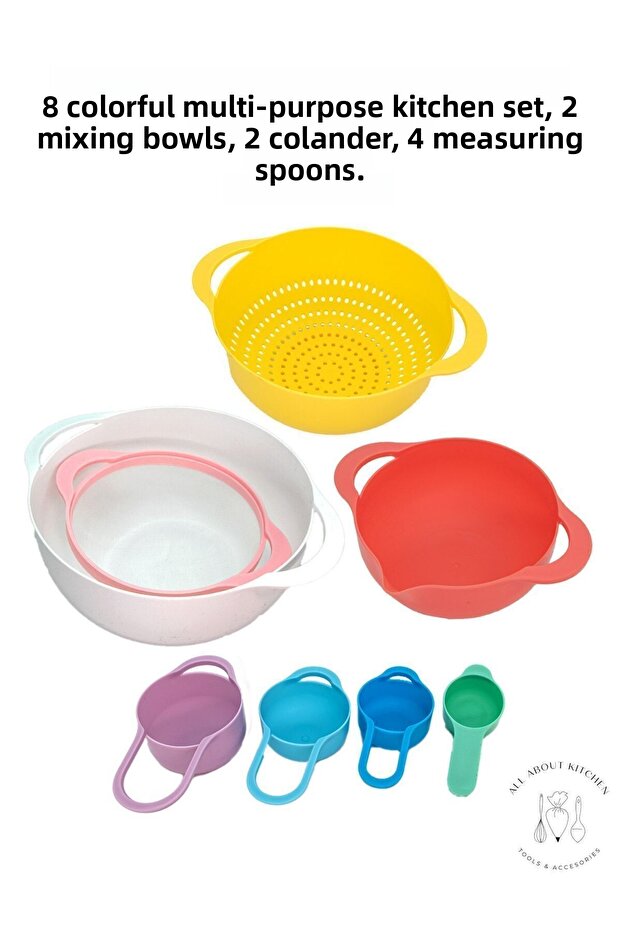 8 Colorful Multi-Purpose Kitchen Set-2 Mixing Bowls / 2 Colanders / 4 Measuring Spoons