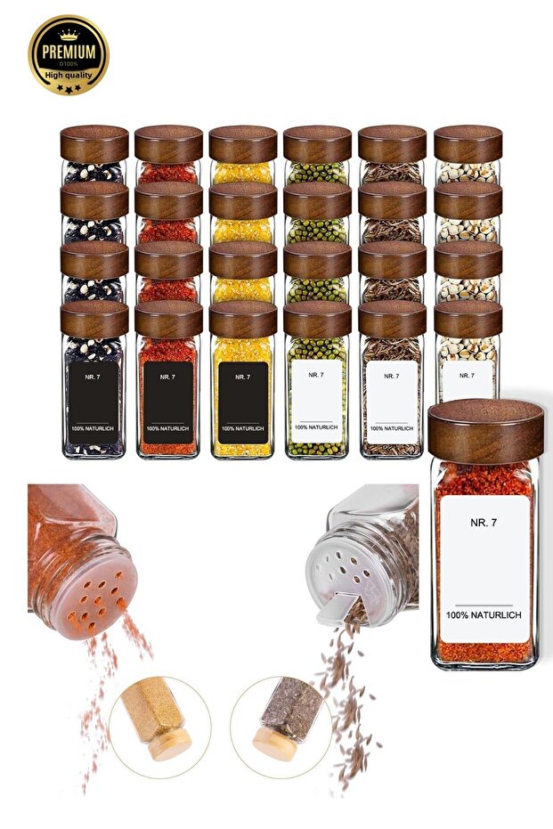 24-Piece Acacia Spice Jar with Lid, Cornered Spray Head Spice Jar with Label 120 ml