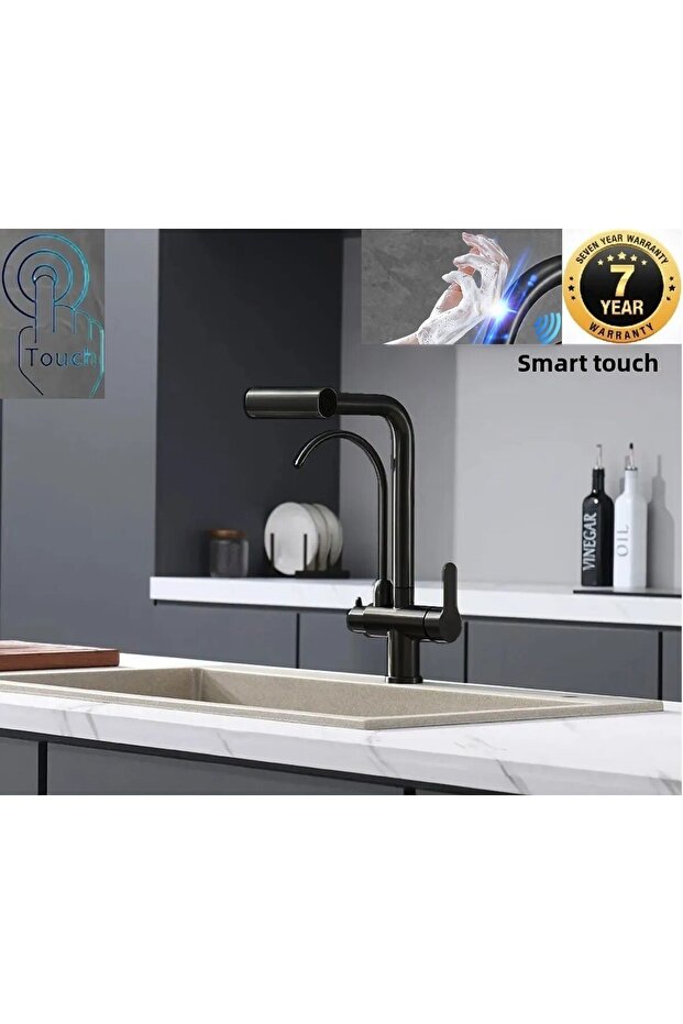 صنبور حوض المطبخ مع منفذ تنقية باللمس وشلال دش 3 وظائف أسود مستورد ضمان 7 سنوات