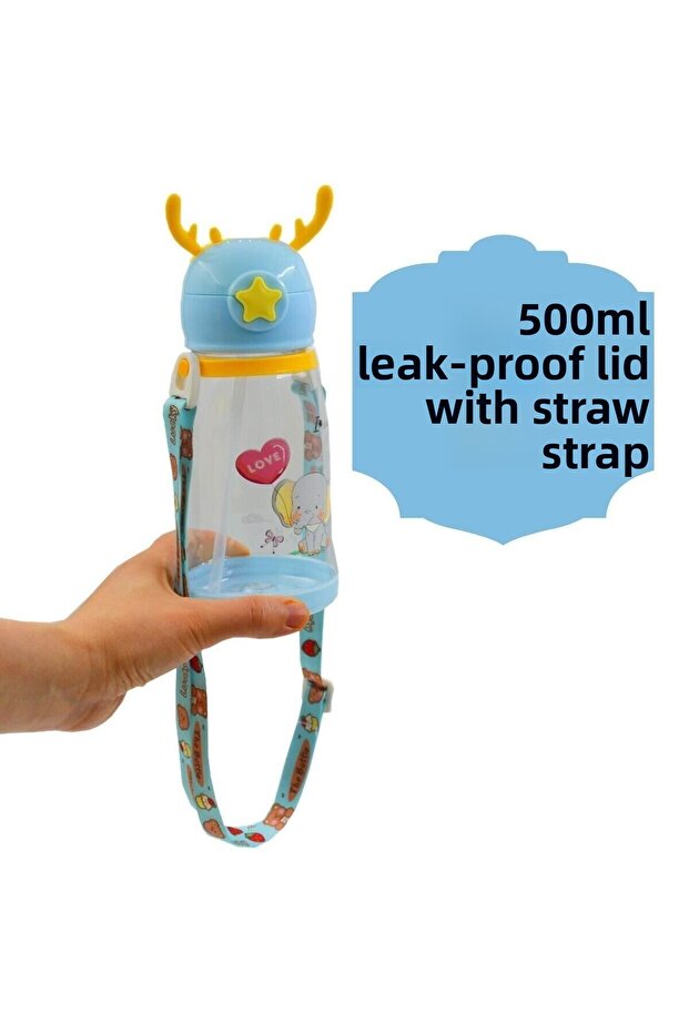 Pastel Blue Deer Figured 500 ml Children's Water Bottle with Straw and Carrying Strap
