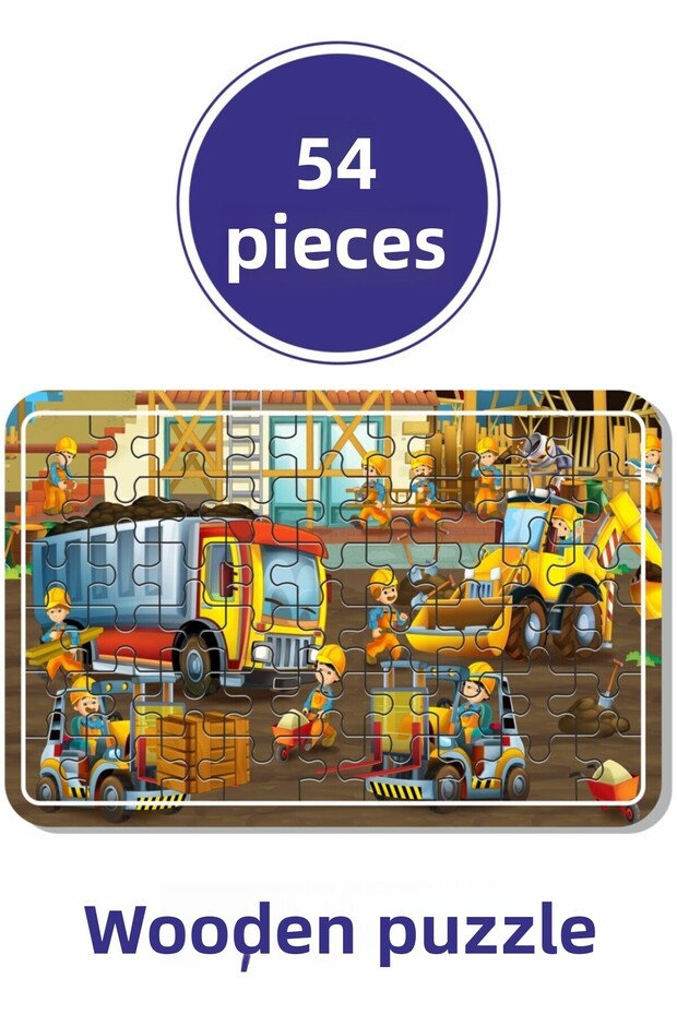 54 Piece Wooden Puzzle Construction Machinery And Employees