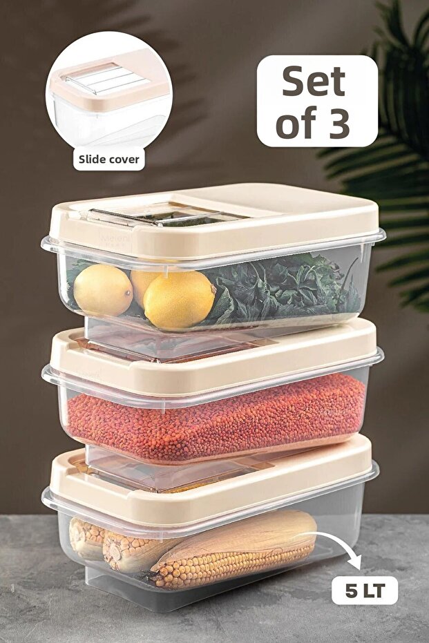 3 Pieces 5 Liter Multibox Storage Container Box Sliding Lid - Beige Fma007641