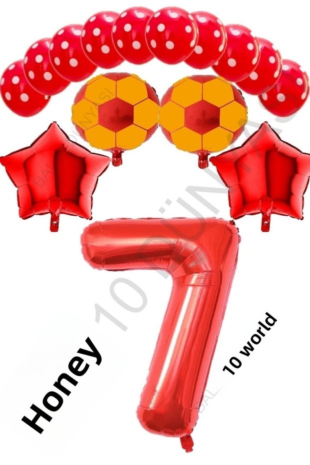 Bal10 Red Number Soccer Ball Star Foil and Dotted Balloon Set Age 7