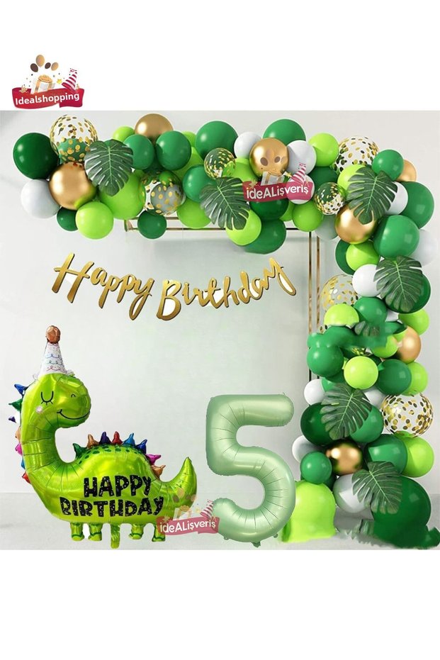 Happy Birthday Written Dinosaur 5 Year Old Green Gold White Birthday Party Set with Foil Balloons