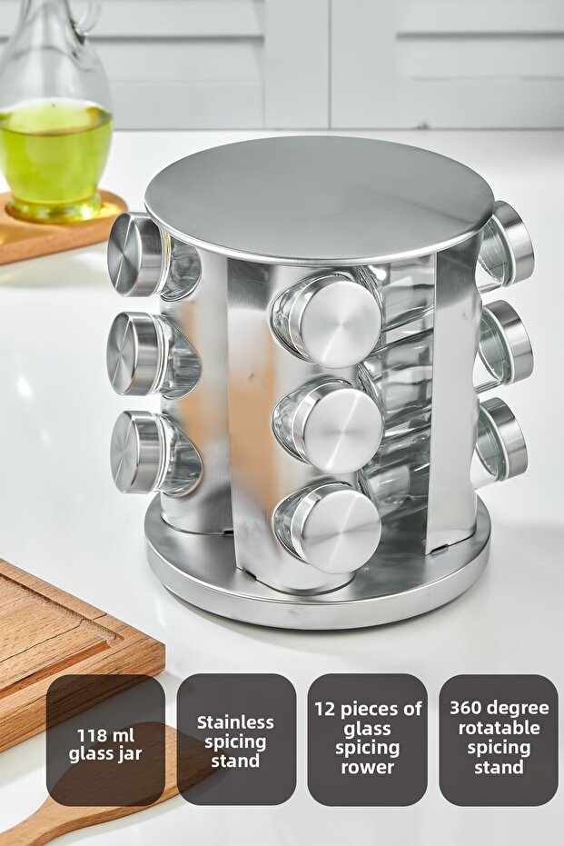 GLASS SPICE SET WITH 360° ROTATING COUNTER TOP STAINLESS STAND - 12-PIECE SPICE BOX - 12-PIECE CHROME ROUND