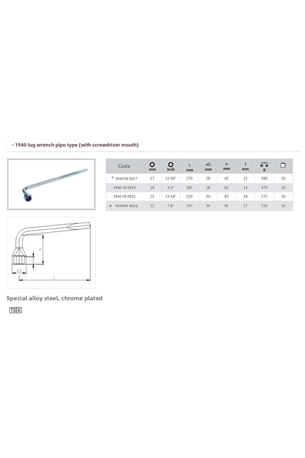 İzeltaş 21 mm Wheel Nut Wrench Pipe Type Screwdriver 1940 09 0021