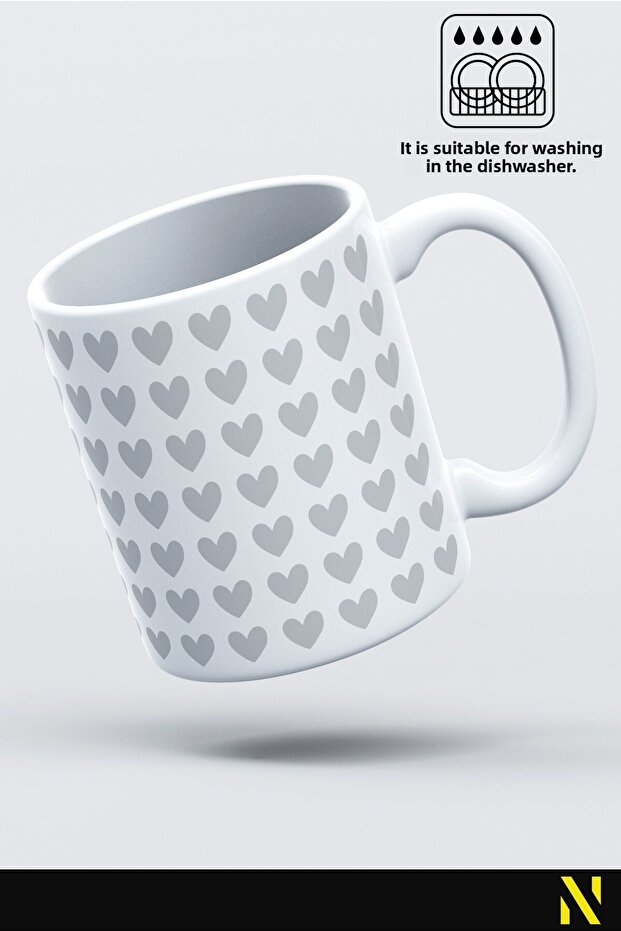 Gray Heart Patterned Colorful Mug – 330 ml Mug |   Stylish and Durable Design - 3