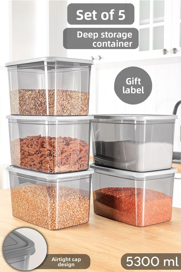 5 Deep Food Storage Containers with Labels - Large Size Flour Pulses Container Food Box Anthracite 5300 ml - 1