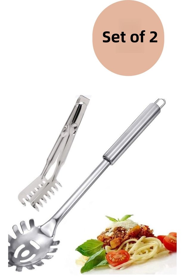 Set of 2 Stainless Steel Pasta Spoon/Fork and Tongs